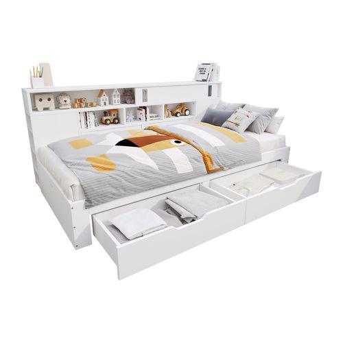 Lit Enfant 90x190 Cm Blanc Multifonction Avec Tiroirs, étagères Et Armoire De Rangement
