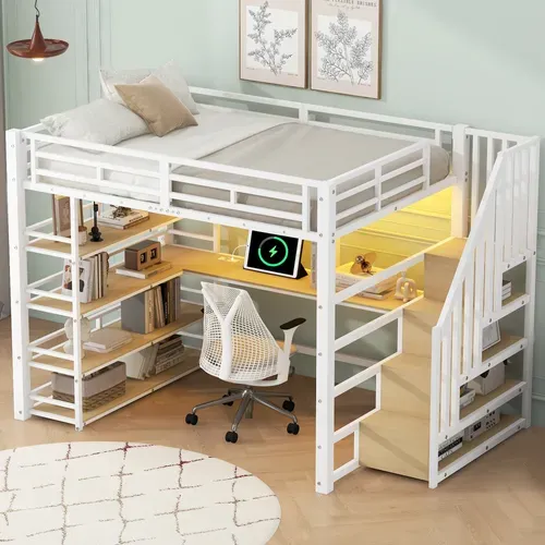 Lit Mezzanine 140x200 Blanc Avec Escalier, LED, Bureau Intégré Et Rangements