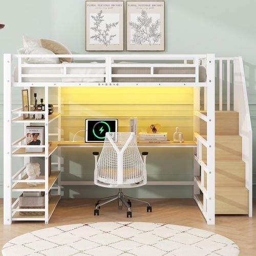 Lit Mezzanine 140x200 Blanc Avec Escalier, LED, Bureau Intégré Et Rangements