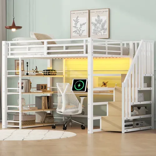 Lit Mezzanine 140x200 Blanc Avec Escalier, LED, Bureau Intégré Et Rangements