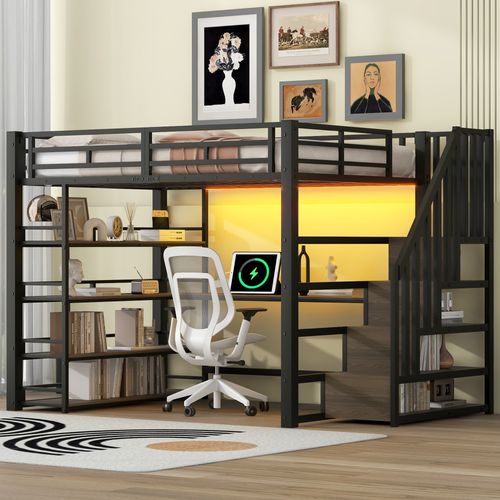 Lit Mezzanine 140x200 Noir Avec Escalier, LED, Bureau Intégré Et Rangements