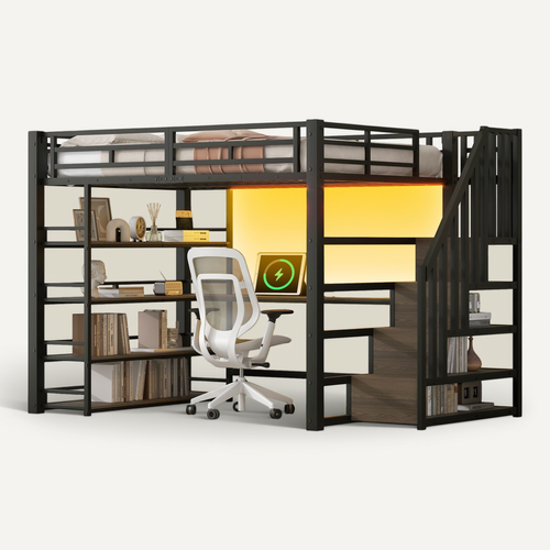 Lit Mezzanine 140x200 Noir Avec Escalier, LED, Bureau Intégré Et Rangements