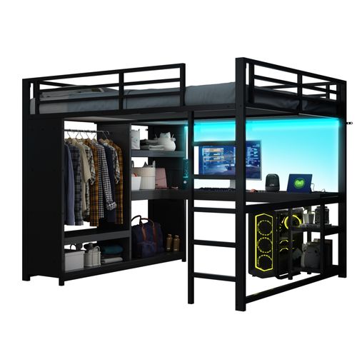 Lit Mezzanine Gaming 160x200 Noir Avec LED, Bureau Spacieux, Dressing Ouvert Et Rangements