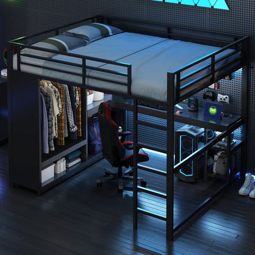 Lit Mezzanine Gaming 160x200 Noir Avec LED, Bureau Spacieux, Dressing Ouvert Et Rangements