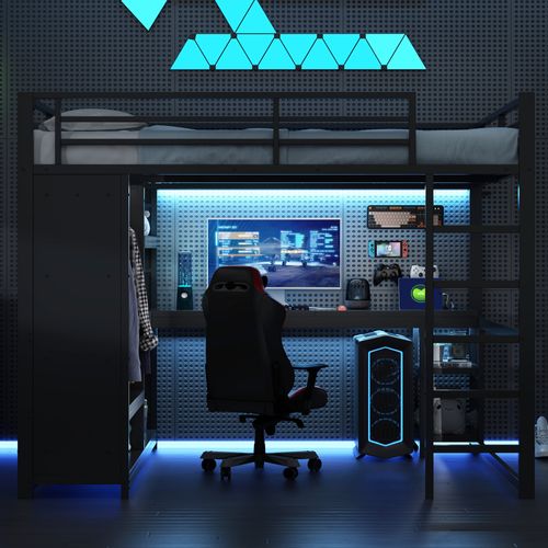 Lit Mezzanine Gaming 160x200 Noir Avec LED, Bureau Spacieux, Dressing Ouvert Et Rangements