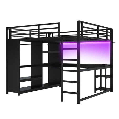 Lit Mezzanine Gaming 160x200 Noir Avec LED, Bureau Spacieux, Dressing Ouvert Et Rangements