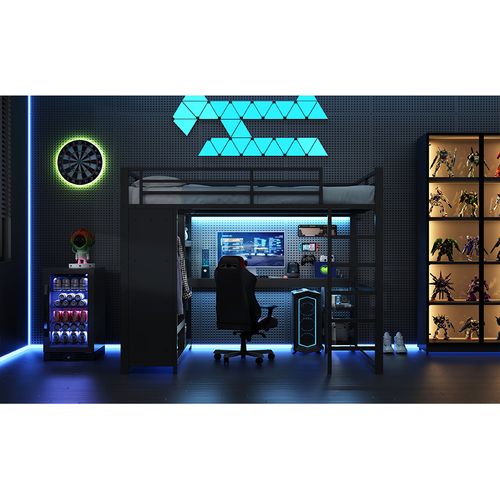 Lit Mezzanine Gaming 160x200 Noir Avec LED, Bureau Spacieux, Dressing Ouvert Et Rangements