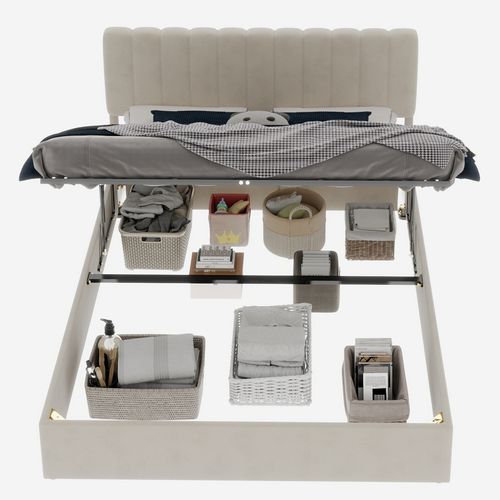 Lit Rembourré Beige 160x200 Cm Avec Tête Confortable Et Rangement à Gaz Pratique
