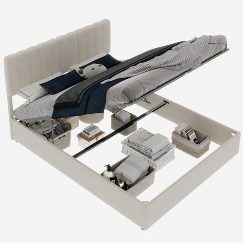 Lit Rembourré Beige 160x200 Cm Avec Tête Confortable Et Rangement à Gaz Pratique