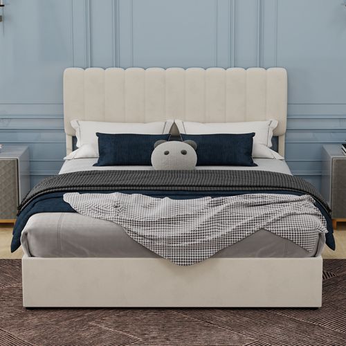 Lit Rembourré Beige 160x200 Cm Avec Tête Confortable Et Rangement à Gaz Pratique
