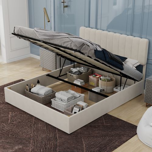 Lit Rembourré Beige 160x200 Cm Avec Tête Confortable Et Rangement à Gaz Pratique