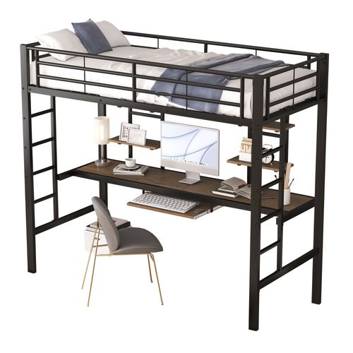 Lit Mezzanine En Métal 90x200 Cm Noir Avec Bureau Intégré, Double Bibliothèque Et échelle Sécurisée