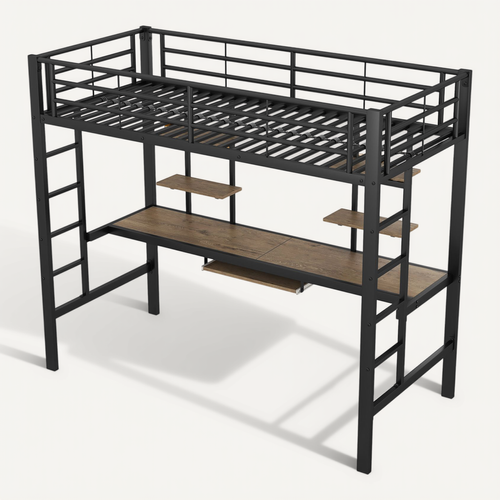 Lit Mezzanine En Métal 90x200 Cm Noir Avec Bureau Intégré, Double Bibliothèque Et échelle Sécurisée