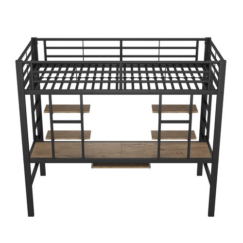 Lit Mezzanine En Métal 90x200 Cm Noir Avec Bureau Intégré, Double Bibliothèque Et échelle Sécurisée