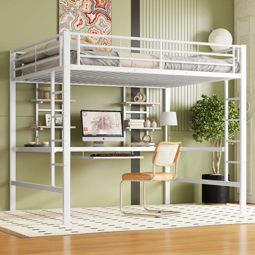 Lit Mezzanine Métal 140x200 Cm Blanc Avec Bureau Intégré Et étagères Pour Enfants