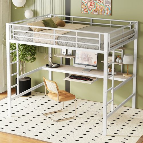 Lit Mezzanine Métal 140x200 Cm Blanc Avec Bureau Intégré Et étagères Pour Enfants