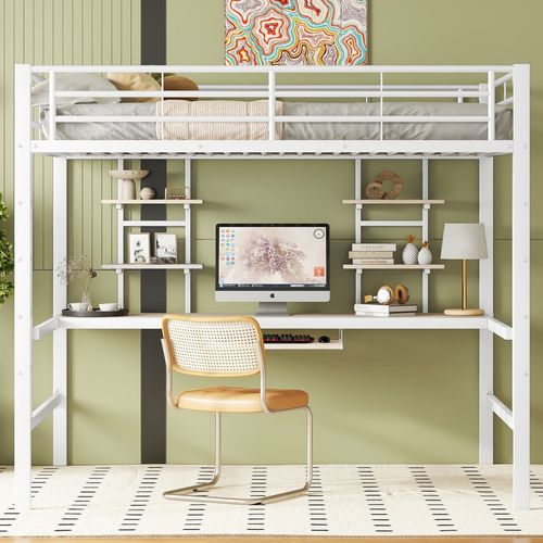 Lit Mezzanine Métal 140x200 Cm Blanc Avec Bureau Intégré Et étagères Pour Enfants
