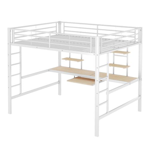 Lit Mezzanine Métal 140x200 Cm Blanc Avec Bureau Intégré Et étagères Pour Enfants