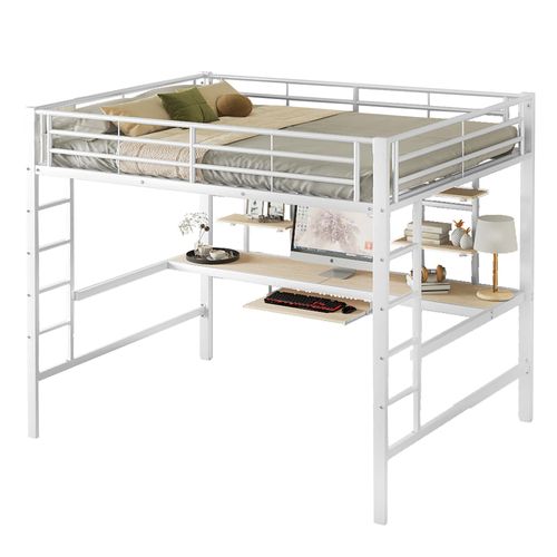 Lit Mezzanine Métal 140x200 Cm Blanc Avec Bureau Intégré Et étagères Pour Enfants