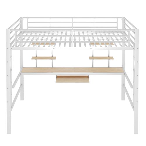 Lit Mezzanine Métal 140x200 Cm Blanc Avec Bureau Intégré Et étagères Pour Enfants