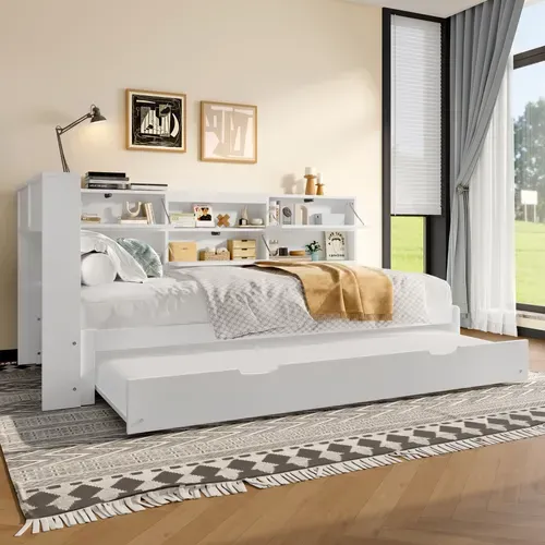 Lit Gigogne 90x200 Avec Tête De Lit Rangement, Tiroir-lit Escamotable, Design Blanc élégant