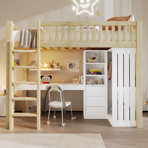 Lit Mezzanine 90x200 Cm Avec Bureau, Armoire, 3 Tiroirs Et Espace Ouvert, Nature