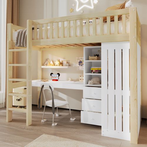 Lit Mezzanine 90x200 Cm Avec Bureau, Armoire, 3 Tiroirs Et Espace Ouvert, Nature