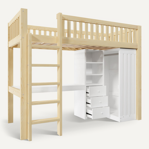 Lit Mezzanine 90x200 Cm Avec Bureau, Armoire, 3 Tiroirs Et Espace Ouvert, Nature