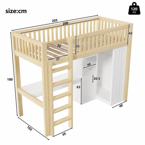 Lit Mezzanine 90x200 Cm Avec Bureau, Armoire, 3 Tiroirs Et Espace Ouvert, Nature