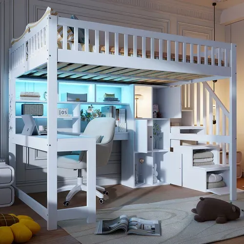 Lit Mezzanine 140x200 Cm Avec LED, Bureau, étagères Et Rangement, Bois Naturel Et Blanc