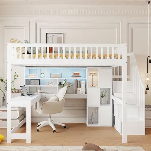 Lit Mezzanine 140x200 Cm Avec LED, Bureau, étagères Et Rangement, Bois Naturel Et Blanc