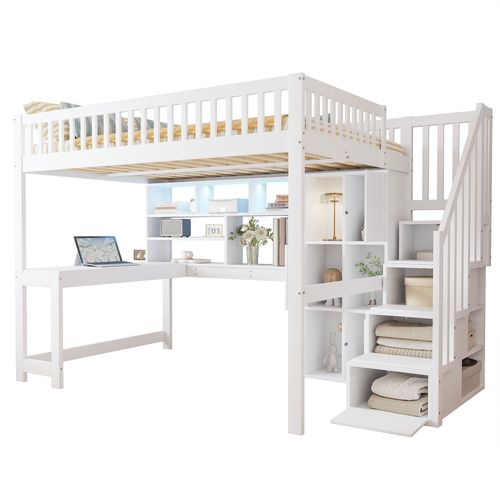 Lit Mezzanine 140x200 Cm Avec LED, Bureau, étagères Et Rangement, Bois Naturel Et Blanc