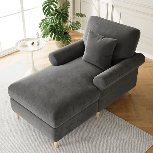 Fauteuil Relax Convertible En Chaise Longue, Revêtement Velours Gris, Dossier Inclinable