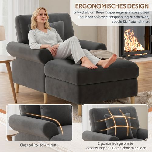 Fauteuil Relax Convertible En Chaise Longue, Revêtement Velours Gris, Dossier Inclinable
