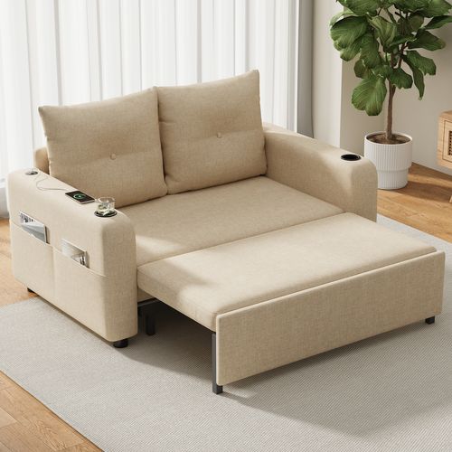 Canapé Convertible 3-en-1 Avec Couchage, Double Assise, Porte-gobelets Et Ports USB, Beige