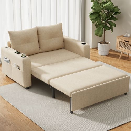 Canapé Convertible 3-en-1 Avec Couchage, Double Assise, Porte-gobelets Et Ports USB, Beige