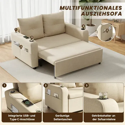 Canapé Convertible 3-en-1 Avec Couchage, Double Assise, Porte-gobelets Et Ports USB, Beige