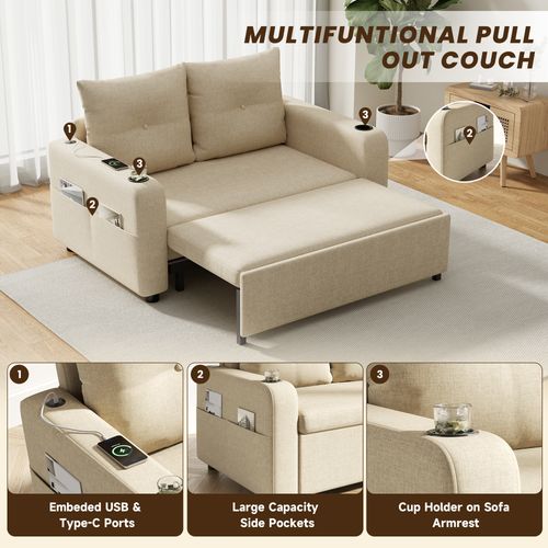 Canapé Convertible 3-en-1 Avec Couchage, Double Assise, Porte-gobelets Et Ports USB, Beige