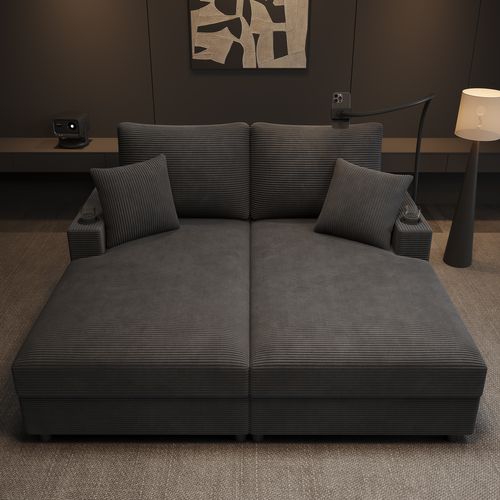 Canapé 2 Places Convertible Gris En Corduroy Avec USB, Porte-gobelets Et Fonction Relax