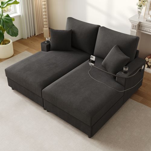 Canapé 2 Places Convertible Gris En Corduroy Avec USB, Porte-gobelets Et Fonction Relax