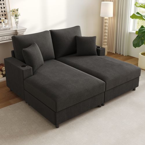 Canapé 2 Places Convertible Gris En Corduroy Avec USB, Porte-gobelets Et Fonction Relax