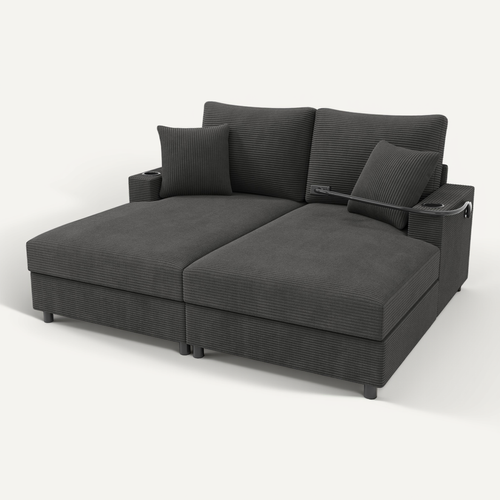 Canapé 2 Places Convertible Gris En Corduroy Avec USB, Porte-gobelets Et Fonction Relax
