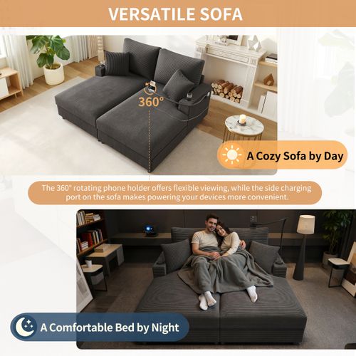Canapé 2 Places Convertible Gris En Corduroy Avec USB, Porte-gobelets Et Fonction Relax