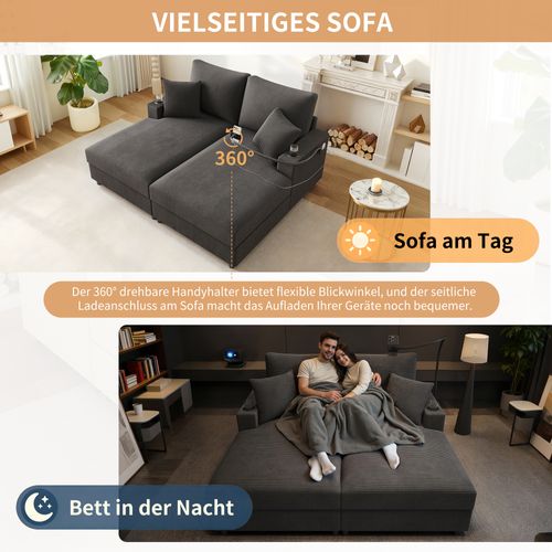 Canapé 2 Places Convertible Gris En Corduroy Avec USB, Porte-gobelets Et Fonction Relax
