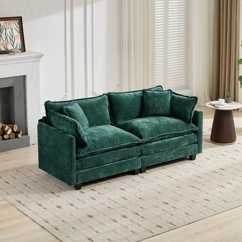 Canapé Modulable 2 Places En Chenille Verte, Style Cloud, Assise Double Couche Ultra Confortable