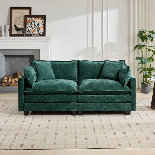 Canapé Modulable 2 Places En Chenille Verte, Style Cloud, Assise Double Couche Ultra Confortable