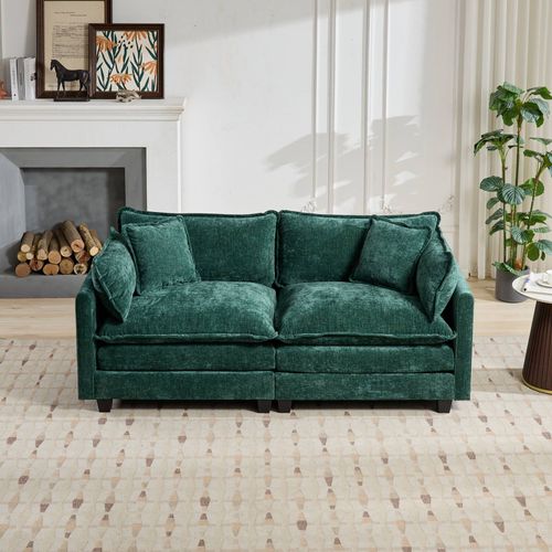 Canapé Modulable 2 Places En Chenille Verte, Style Cloud, Assise Double Couche Ultra Confortable