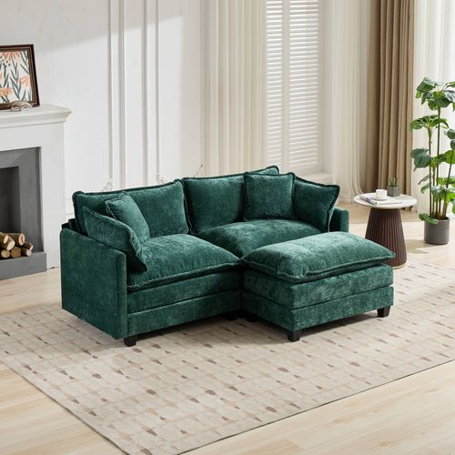 Canapé Modulable 2 Places En Chenille Verte, Style Cloud, Assise Double Couche Ultra Confortable