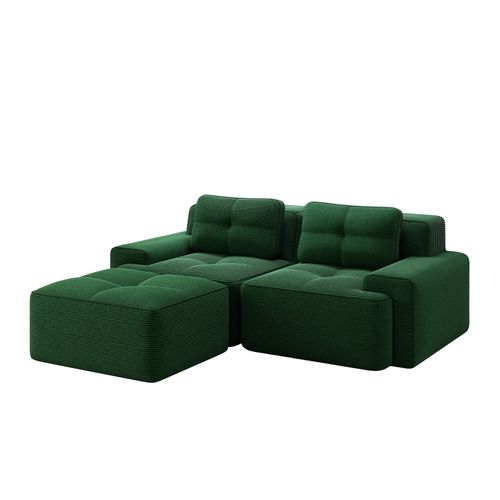 Canapé Modulable En L Sans Accoudoirs, Velours Côtelé Confortable, Pouf Inclus, Vert