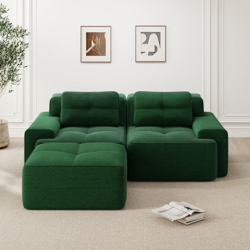Canapé Modulable En L Sans Accoudoirs, Velours Côtelé Confortable, Pouf Inclus, Vert